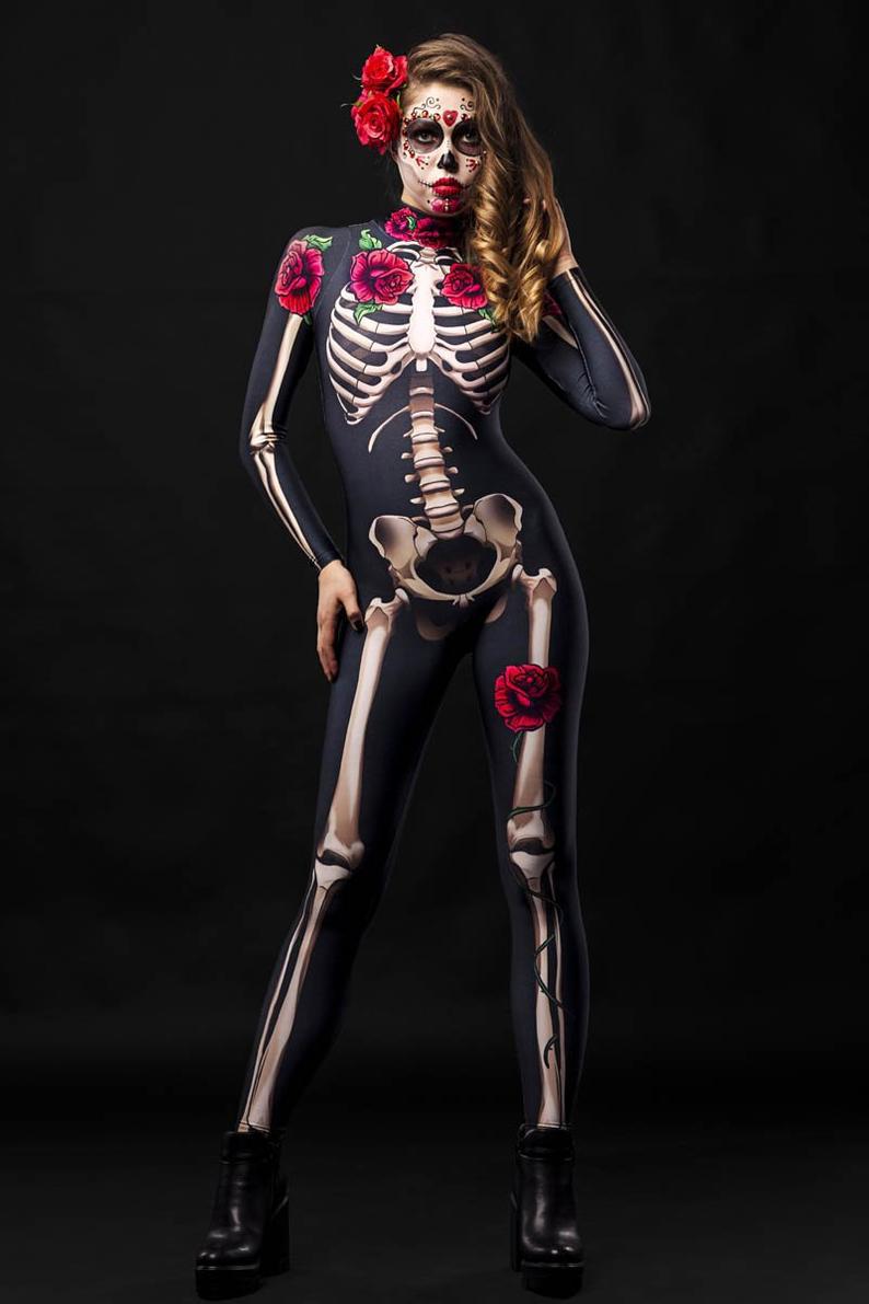 Halloween Skeleton Rose Bodysuit – Women's Cosplay Costume