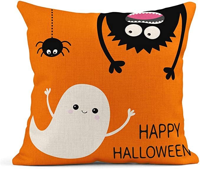 Halloween Orange Ghost Linen Pillow Cover – Spooky Home Decor