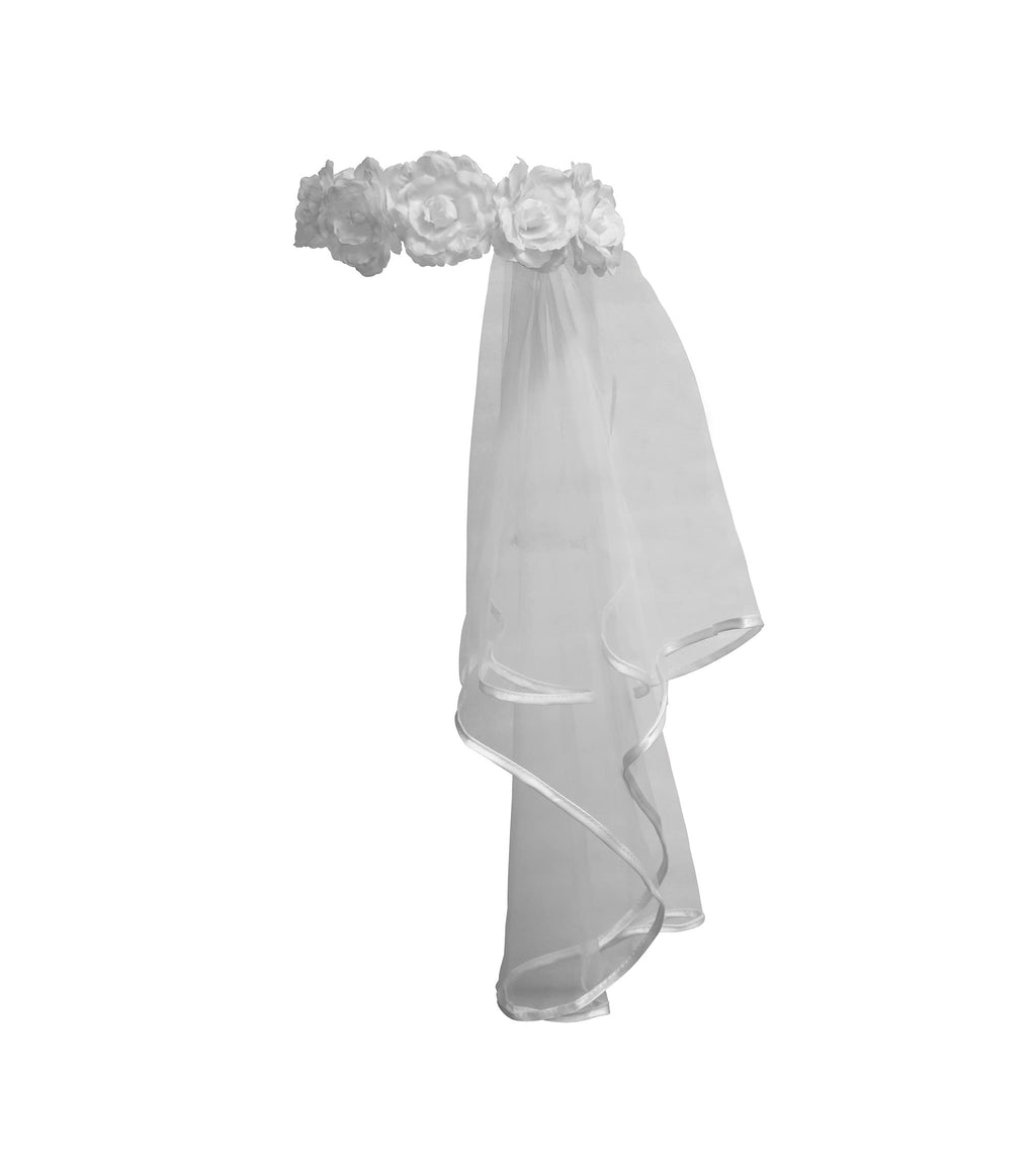 White Bridal Flower Crown with Veil – Bachelorette, Wedding & Halloween Costume