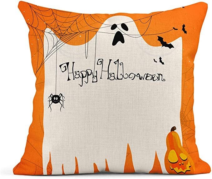 Halloween Orange Ghost Linen Pillow Cover – Spooky Home Decor