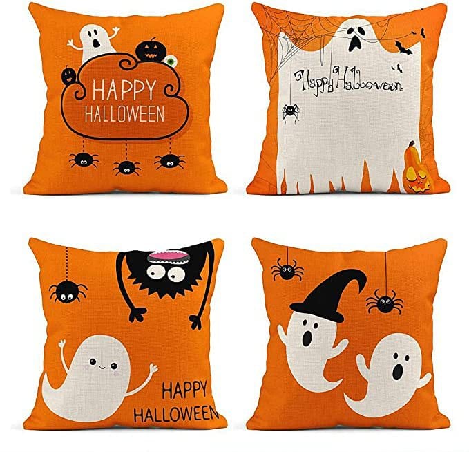 Halloween Orange Ghost Linen Pillow Cover – Spooky Home Decor