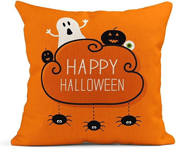 Halloween Orange Ghost Linen Pillow Cover – Spooky Home Decor