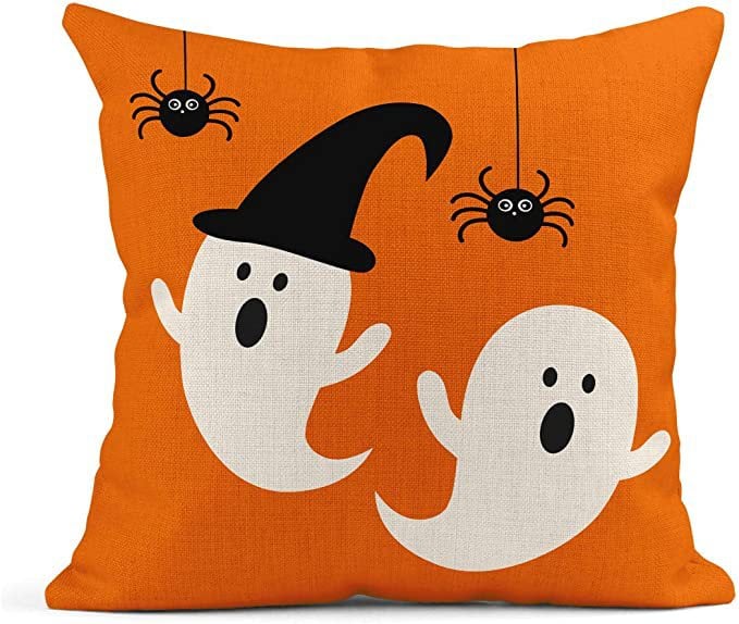 Halloween Orange Ghost Linen Pillow Cover – Spooky Home Decor